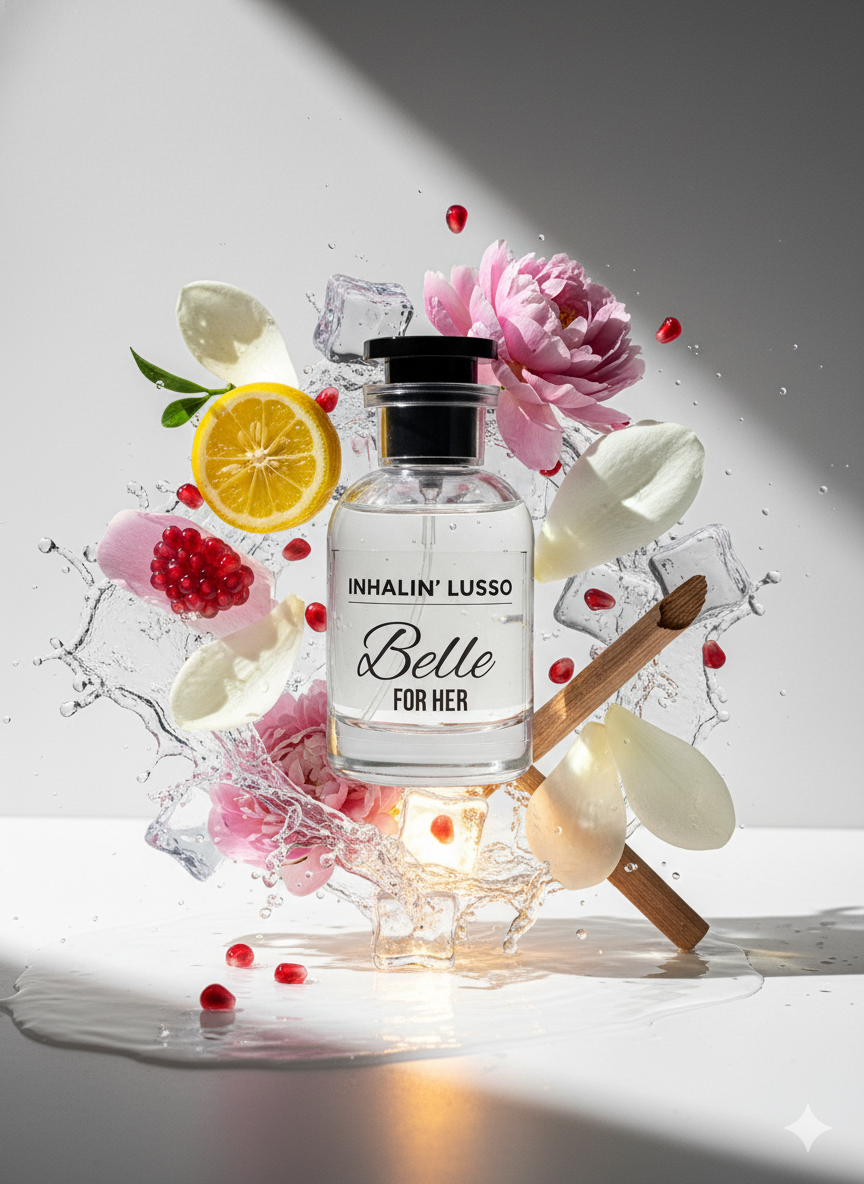 Perfume bottle labeled 'Belle for Her' surrounded by flowers and fruits on a white background