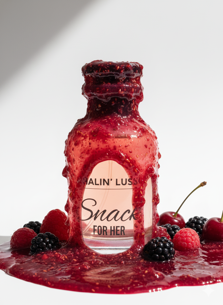 Bottle of Malin Lush 'Snack For Her' with berries on a white background